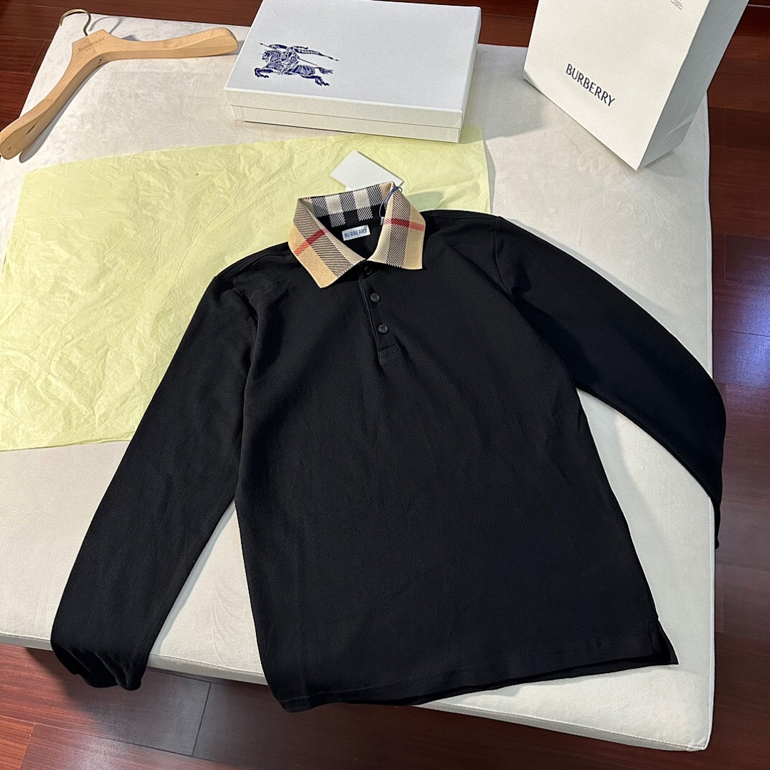 Burberry Plaid Collar Long Sleeve POLO (Black) - Image 4