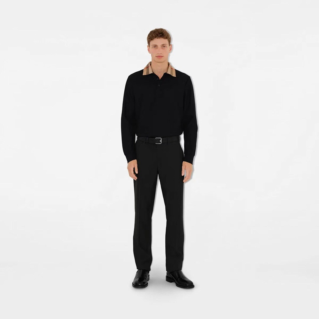 Burberry Plaid Collar Long Sleeve POLO (Black) - Image 16