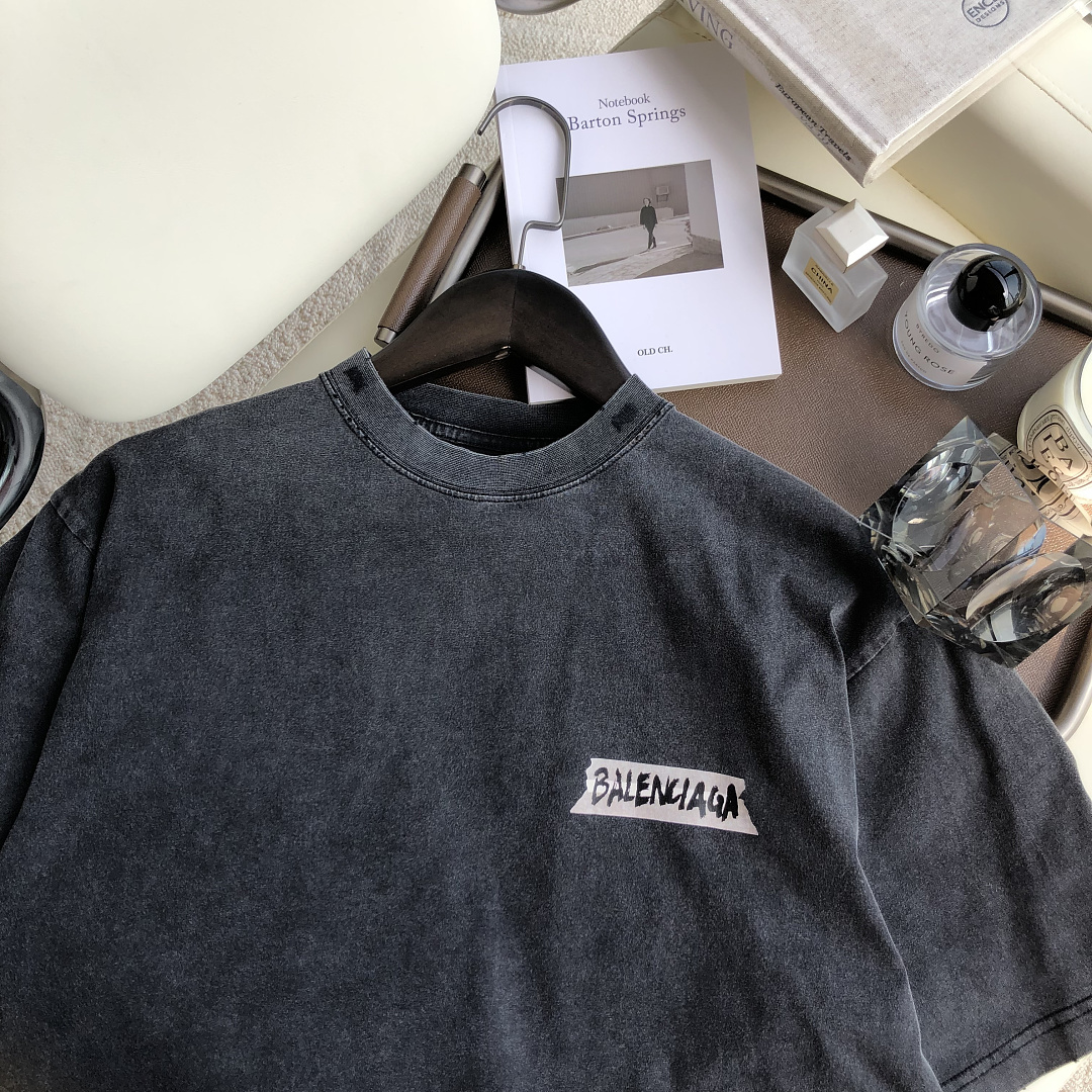 Balenciaga New Gum Strap Print Short Sleeve (Washed Black) - Image 9