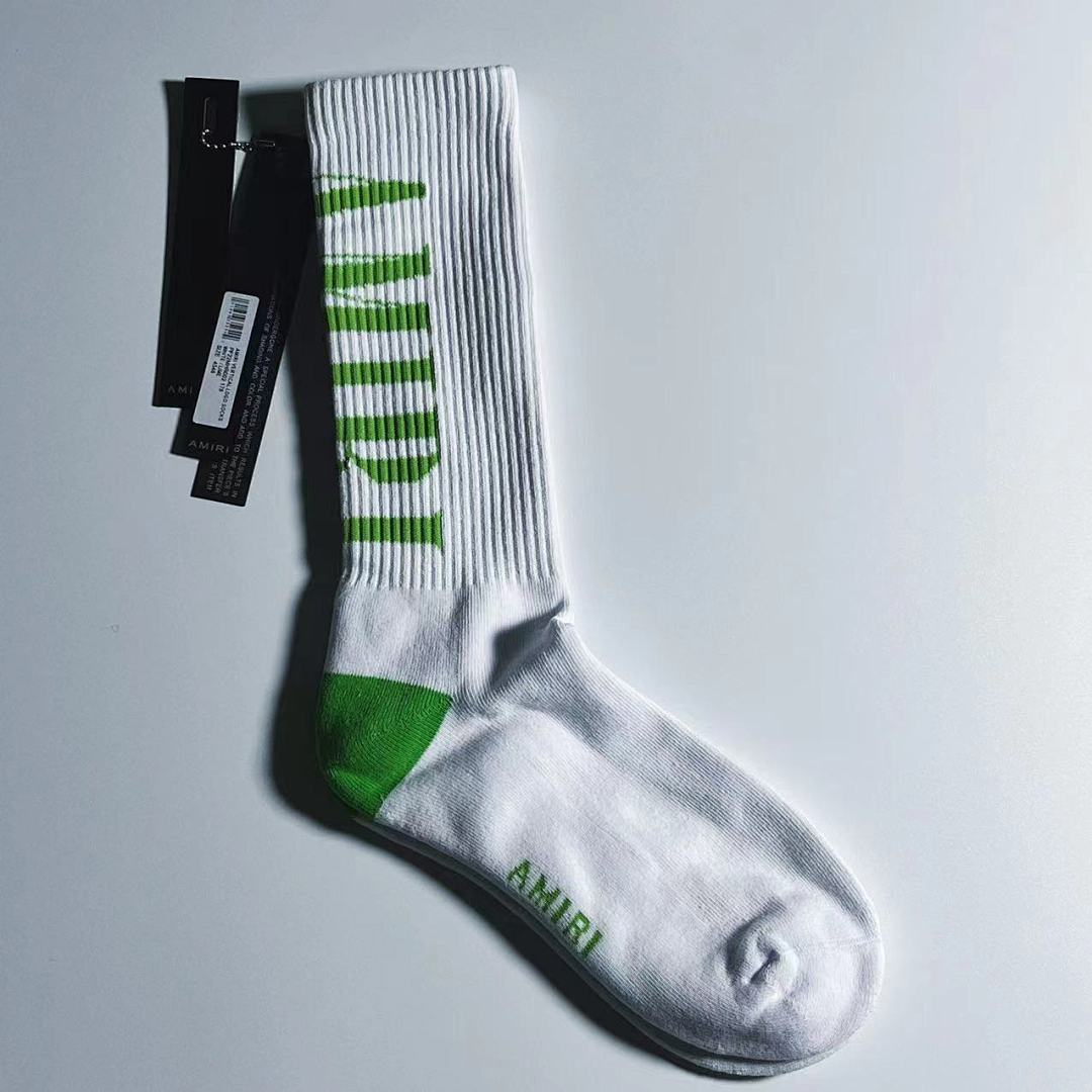 AMIRI 1: 1 AMIRI Socks Back Logo Towel Socks—— (White Green) - Image 9