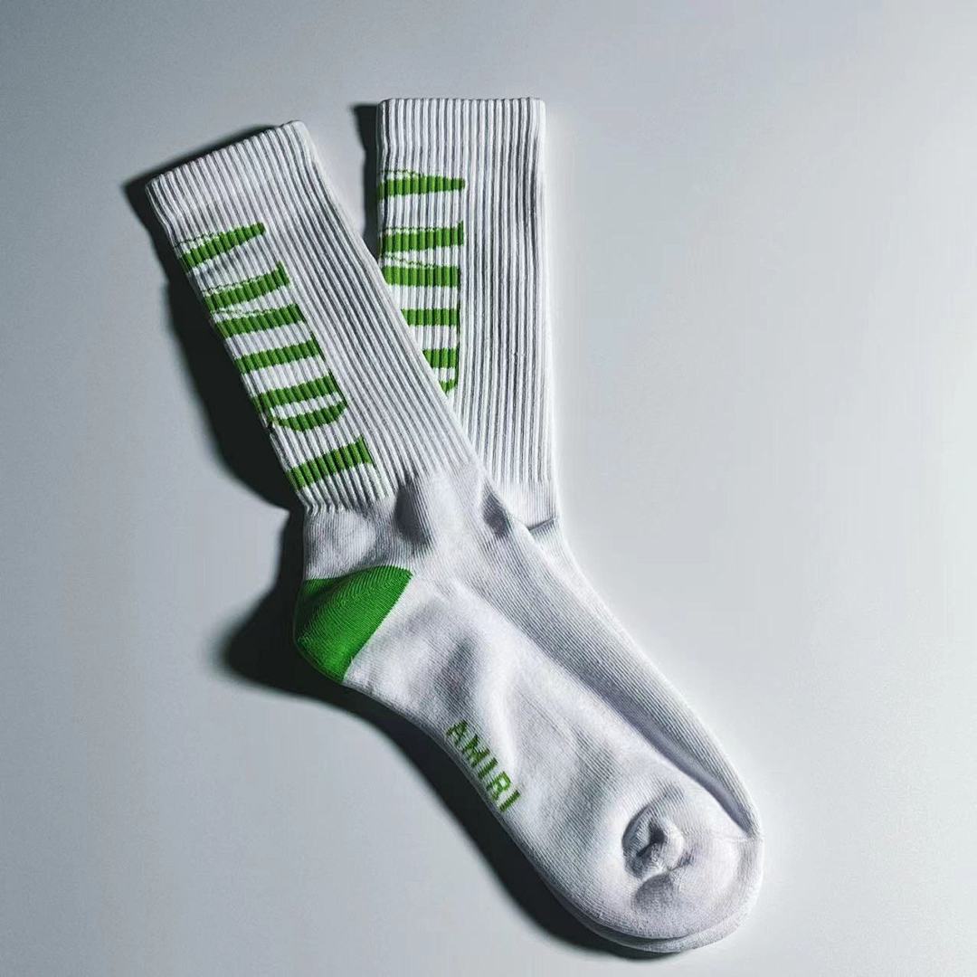 AMIRI 1: 1 AMIRI Socks Back Logo Towel Socks—— (White Green) - Image 8