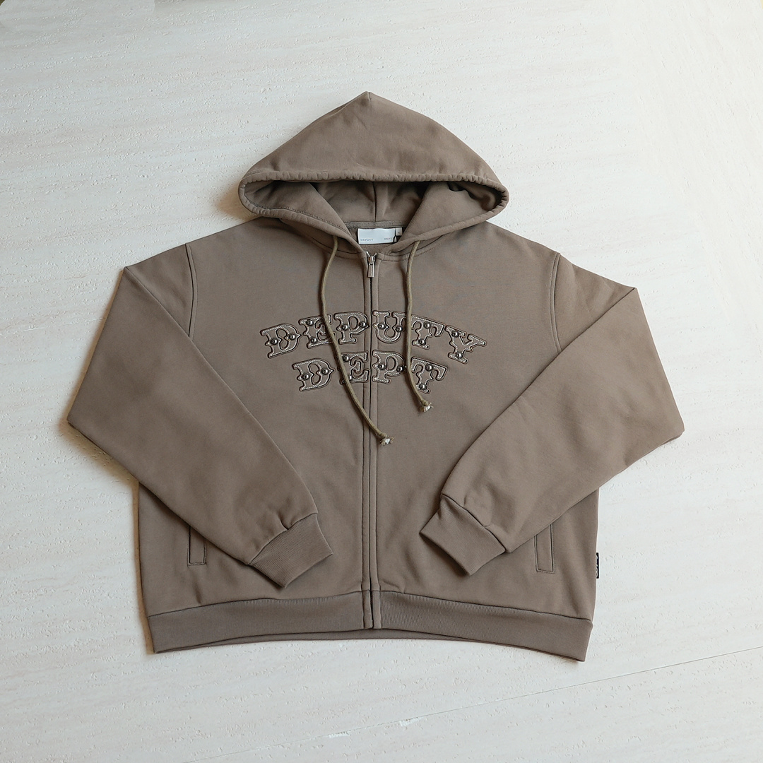 ¥230 (Dep..Embroidered Rivet Hooded Zipper Sweatshirt｜Coffee), photo 1
