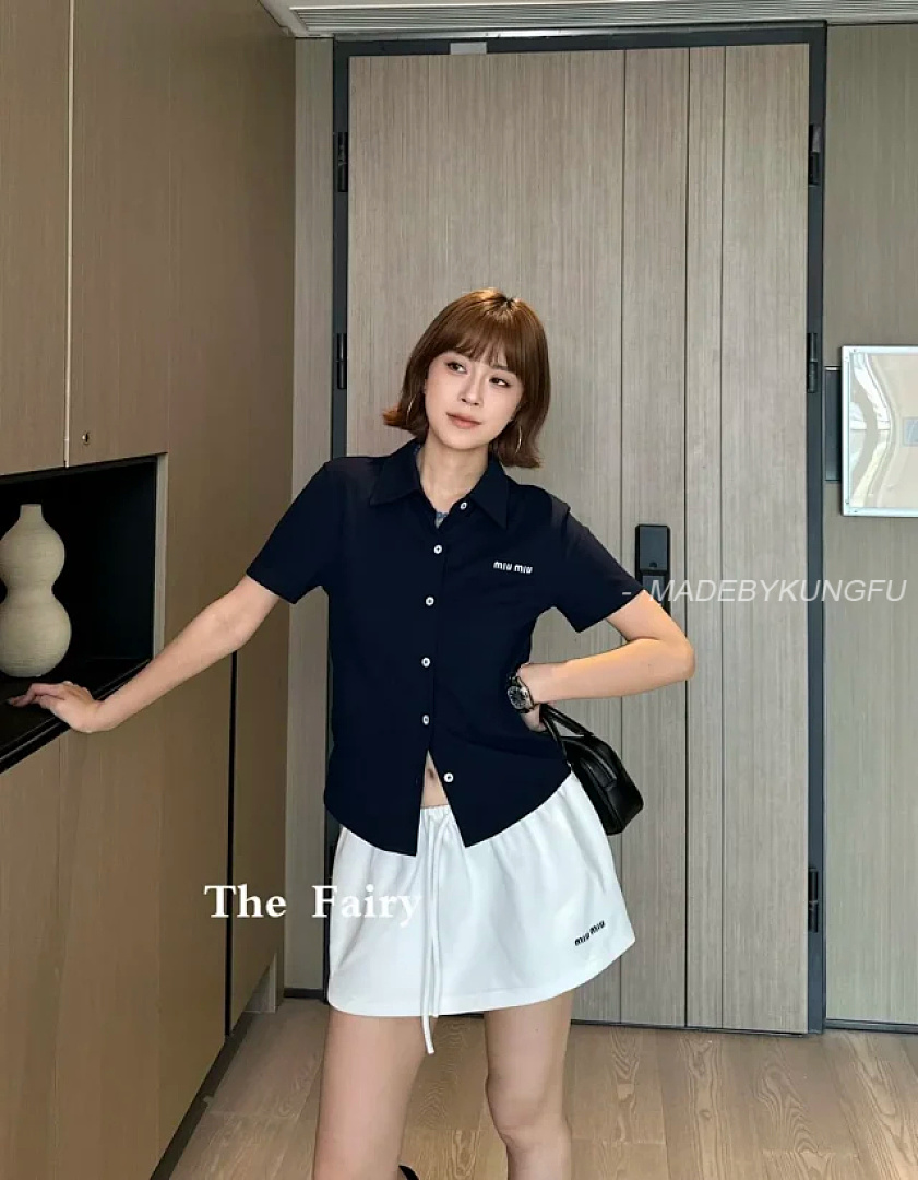 【A+ Item ID 9059 Miu Cotton Beaded Embroidered Logo Button Closure Straight Tube Short Sleeved Shir - Image 3