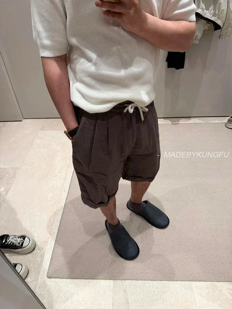 【A+ Item ID 9079 BC Natural Linen Rolled Edge Shorts With Double Pleat Design, Drawstring, Elastic - Image 7