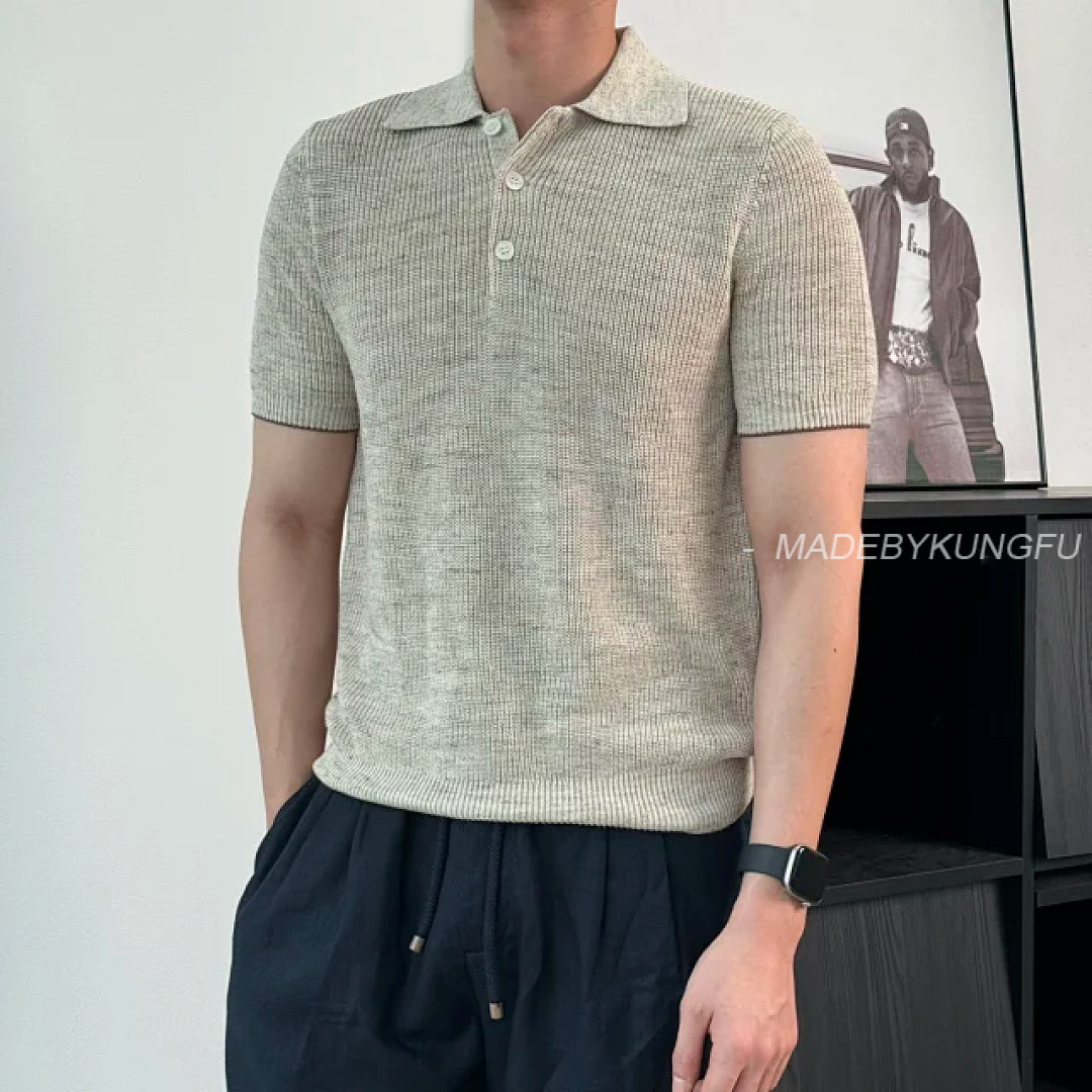 【A+ Item ID 9076 BC Natural Beimu Button Ribbed Knitted Collar Cotton Top Polo Shirt - Image 6