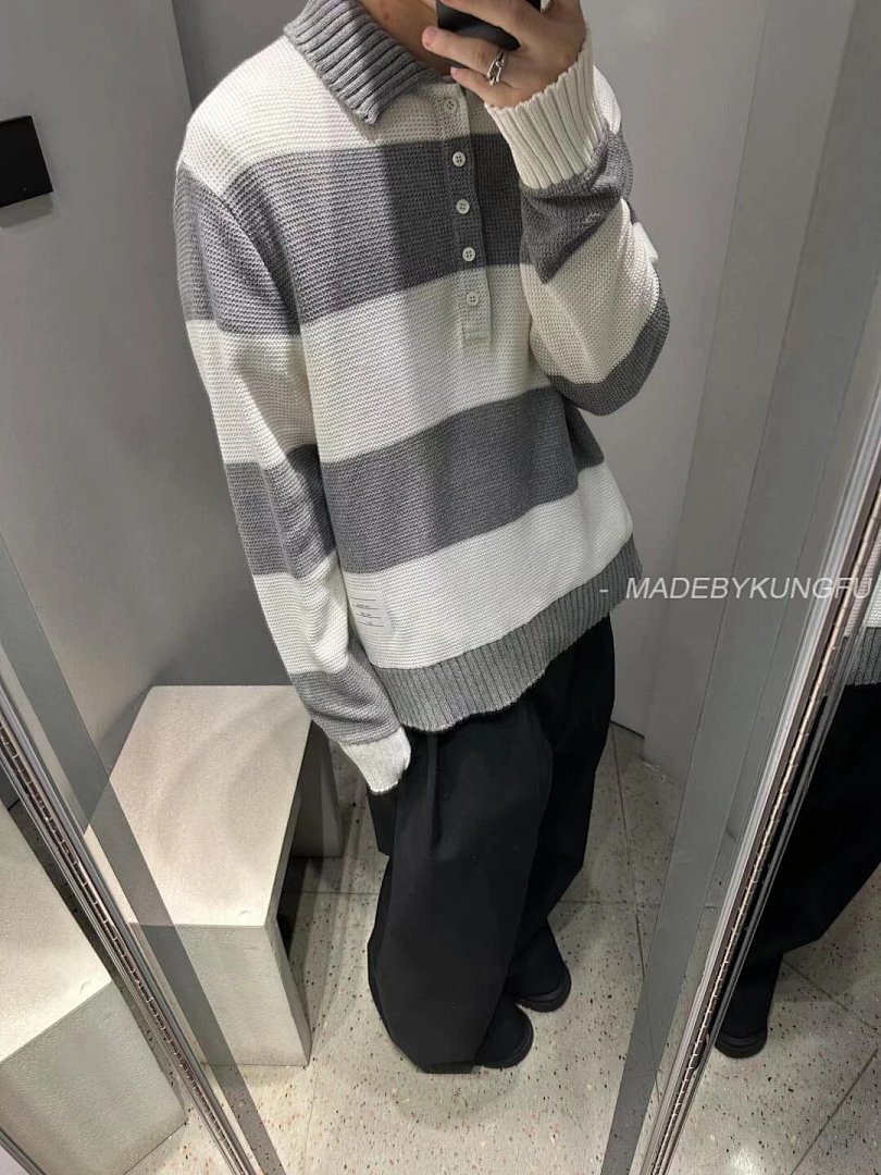 【A+ Item ID 8208 THOM-BR0WNE-TB-2024Ss- Gray And White Striped Knitting Needles POLO Sh - Image 31