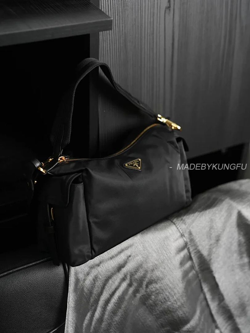 【A+ Item ID 9069 PRA Enamel Metal Triangle Logo Nylon Shoulder Cross Handbag Black Large - Image 32