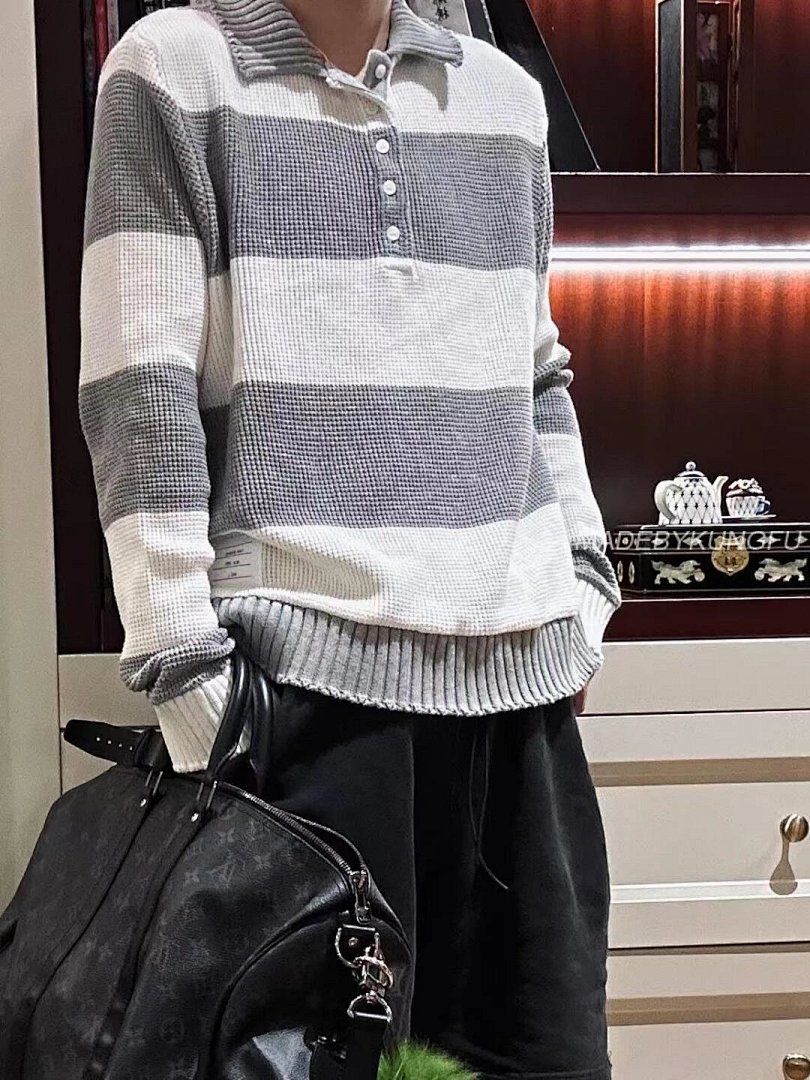 【A+ Item ID 8208 THOM-BR0WNE-TB-2024Ss- Gray And White Striped Knitting Needles POLO Sh - Image 33