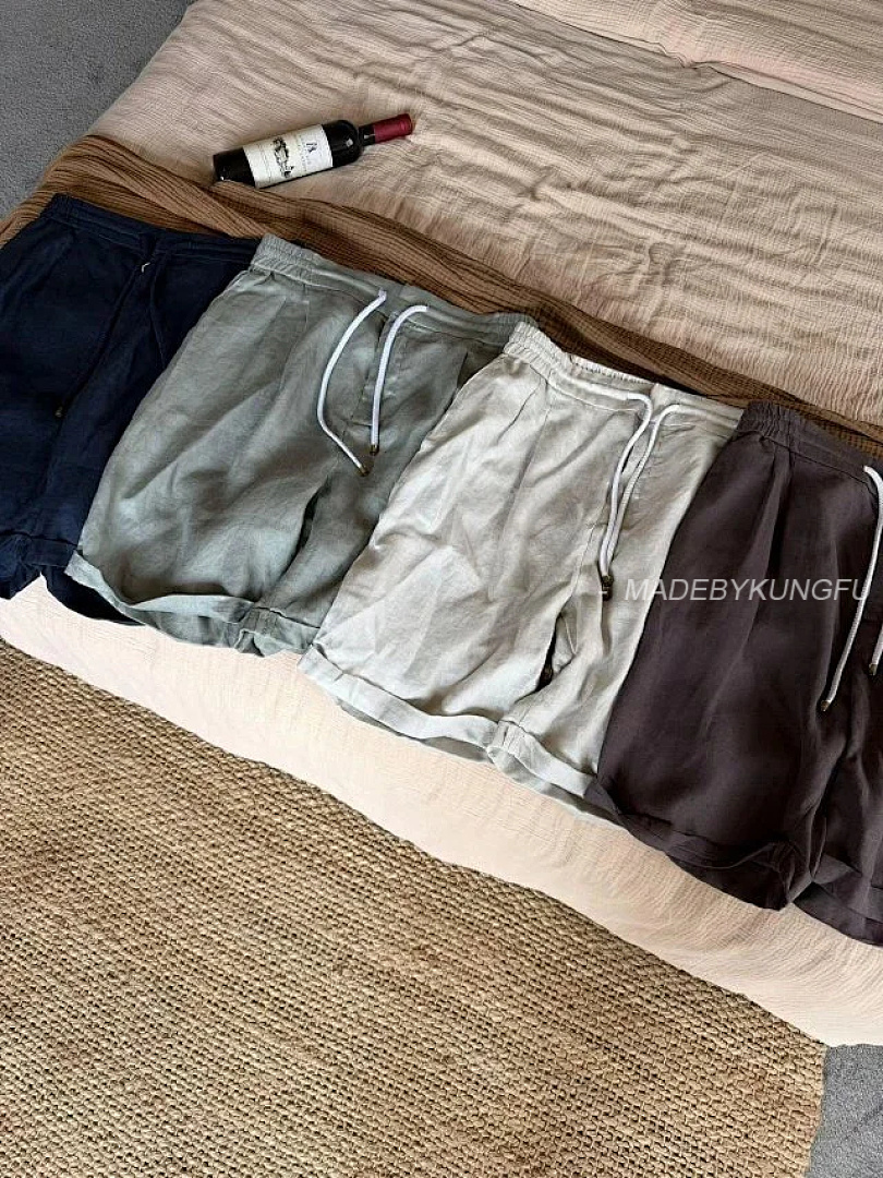 【A+ Item ID 9079 BC Natural Linen Rolled Edge Shorts With Double Pleat Design, Drawstring, Elastic - Image 16