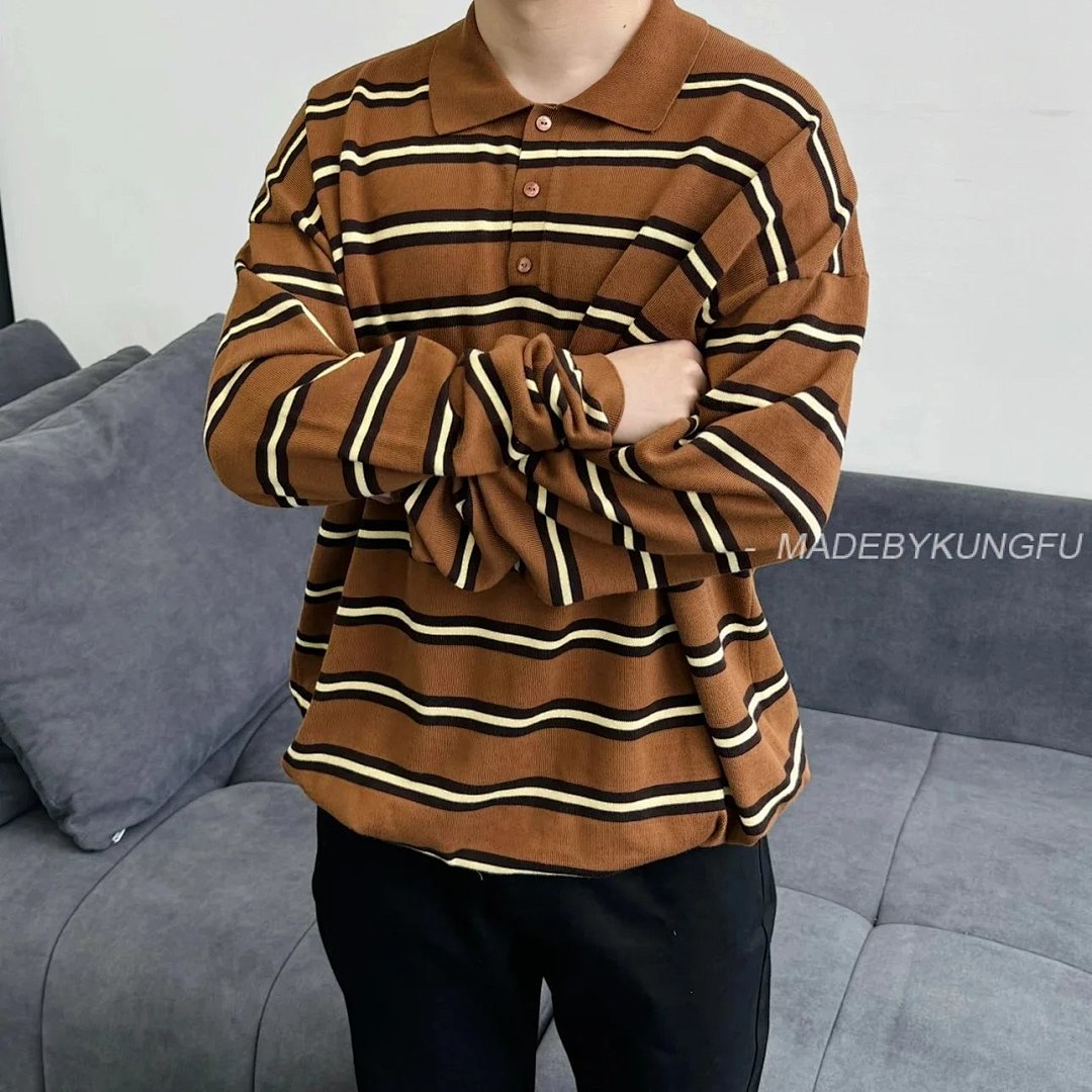 【A+ Item ID 8182 L0EWE-Luoyiwei-2024-Ss-Striped Knitted Pure Cotton Polo Shirt (Brown)
