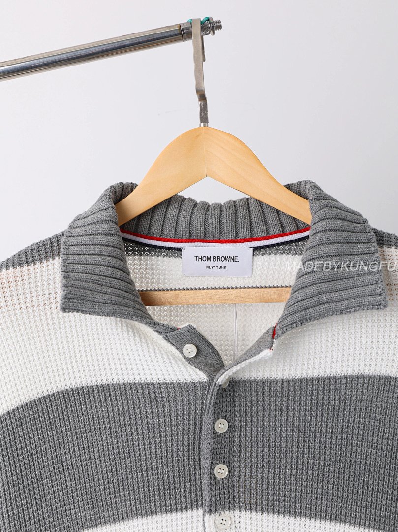 【A+ Item ID 8208 THOM-BR0WNE-TB-2024Ss- Gray And White Striped Knitting Needles POLO Sh - Image 10