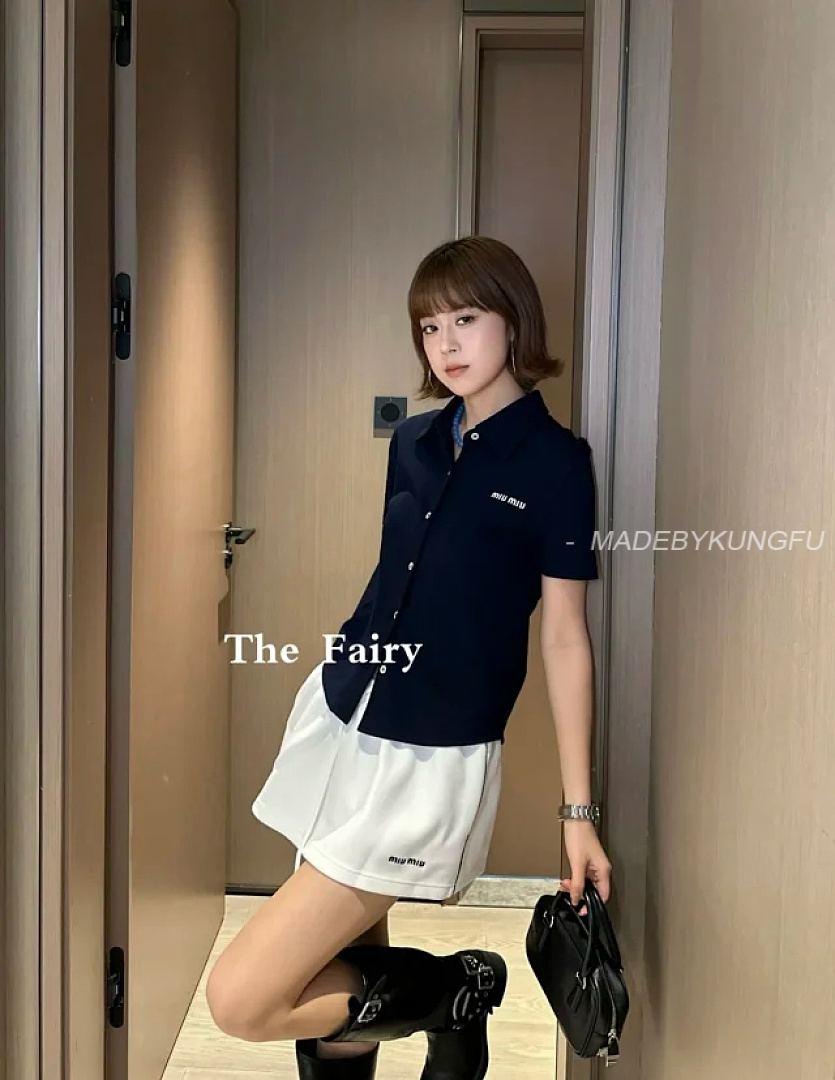【A+ Item ID 9059 Miu Cotton Beaded Embroidered Logo Button Closure Straight Tube Short Sleeved Shir - Image 4