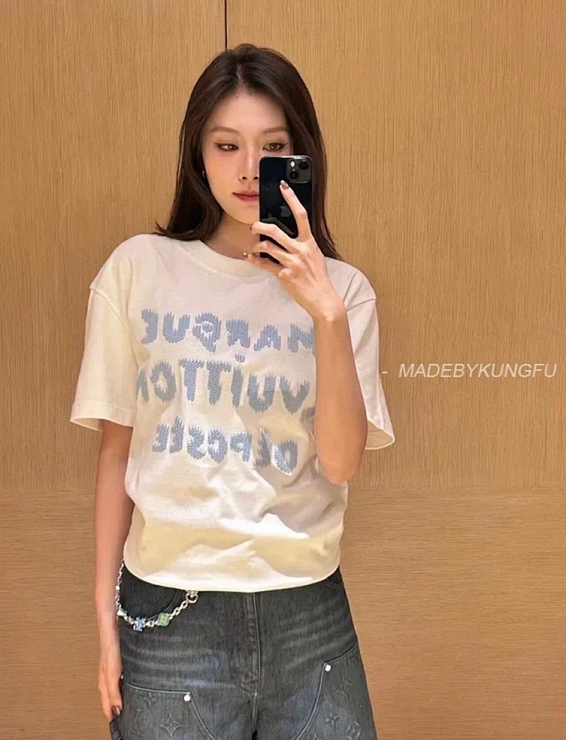 【A+ Item ID 9017 1V Pure Cotton Water Soluble Letter Embroidered Knitted T-Shirt - Image 8