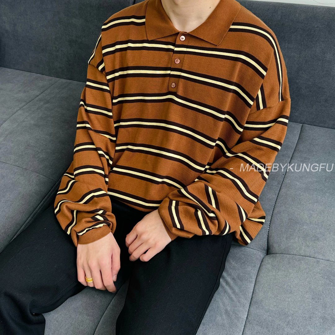 【A+ Item ID 8202 L0EWE- Luo Yiwei -2024Ss- Striped Knitted Cotton Polo Shirt (Brown St) - Image 25