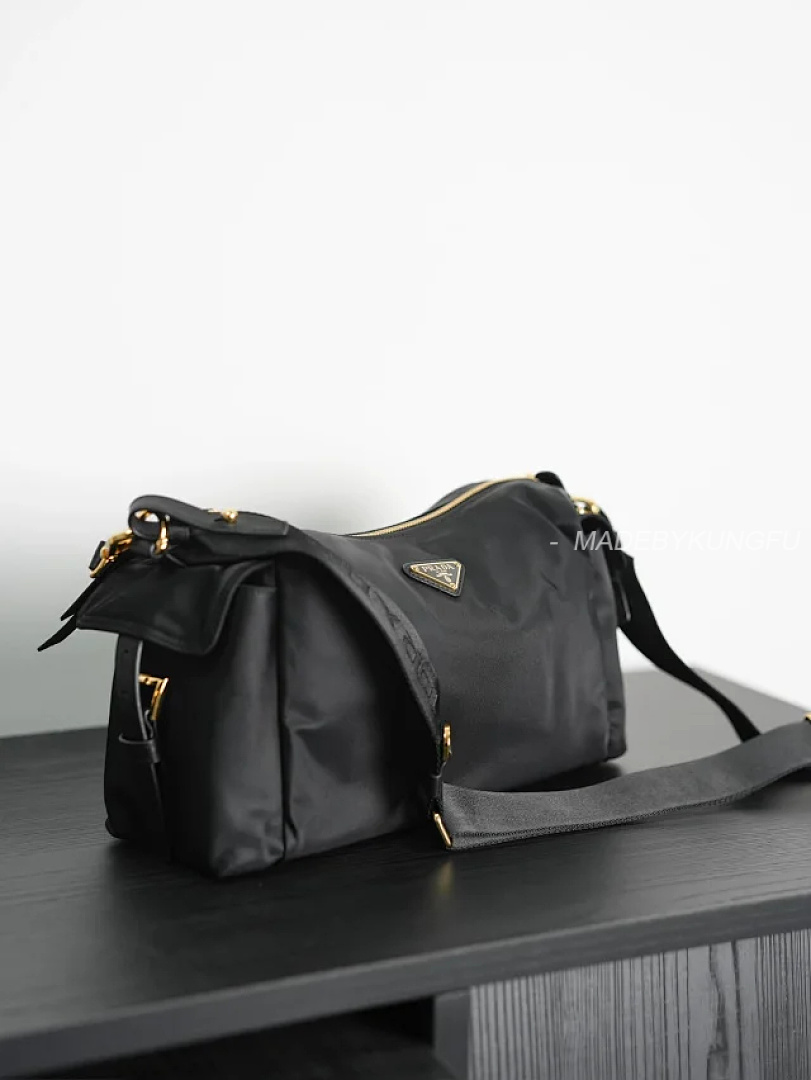 【A+ Item ID 9069 PRA Enamel Metal Triangle Logo Nylon Shoulder Cross Handbag Black Large - Image 30