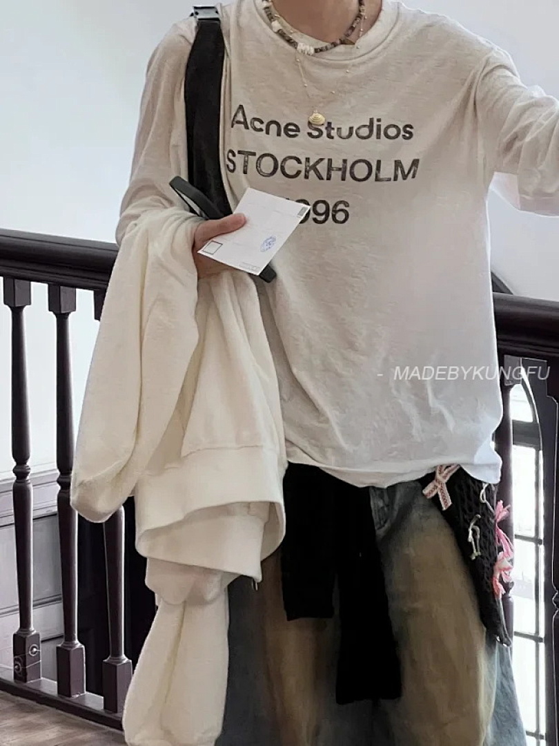 【A+ Item ID 9010 Acne Letter Print Round Neck Off Shoulder Long Sleeved Shirt - Image 10