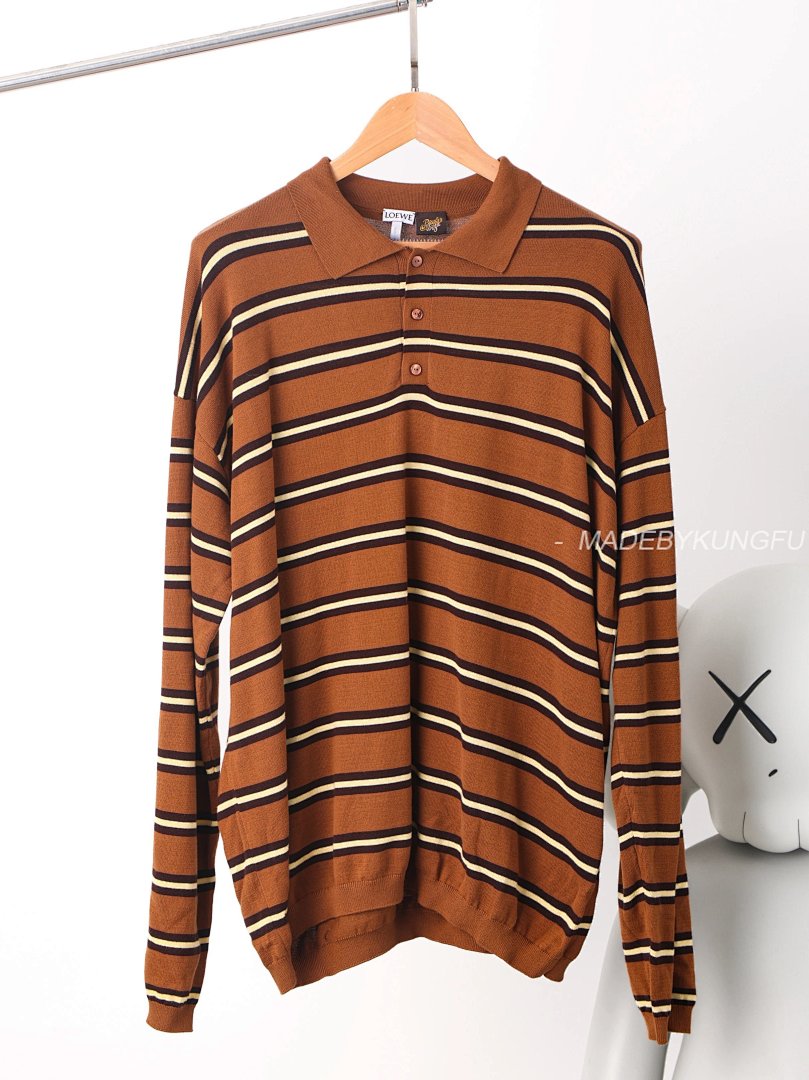 【A+ Item ID 8202 L0EWE- Luo Yiwei -2024Ss- Striped Knitted Cotton Polo Shirt (Brown St) - Image 15