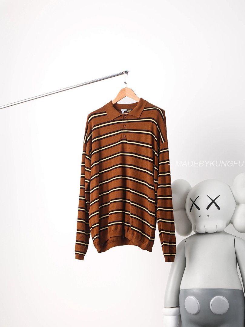 【A+ Item ID 8202 L0EWE- Luo Yiwei -2024Ss- Striped Knitted Cotton Polo Shirt (Brown St) - Image 17