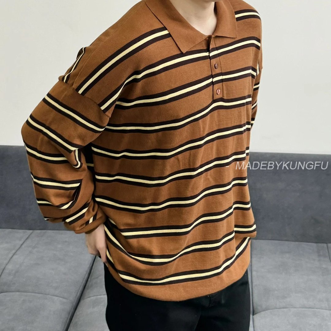 【A+ Item ID 8182 L0EWE-Luoyiwei-2024-Ss-Striped Knitted Pure Cotton Polo Shirt (Brown) - Image 32