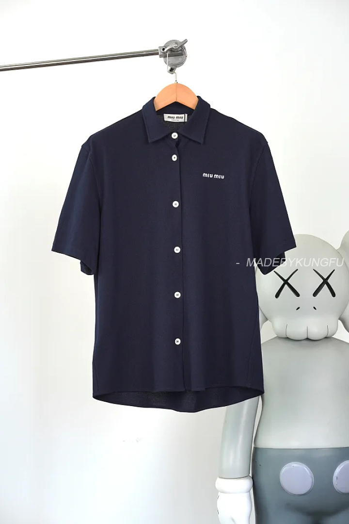 【A+ Item ID 9059 Miu Cotton Beaded Embroidered Logo Button Closure Straight Tube Short Sleeved Shir - Image 26