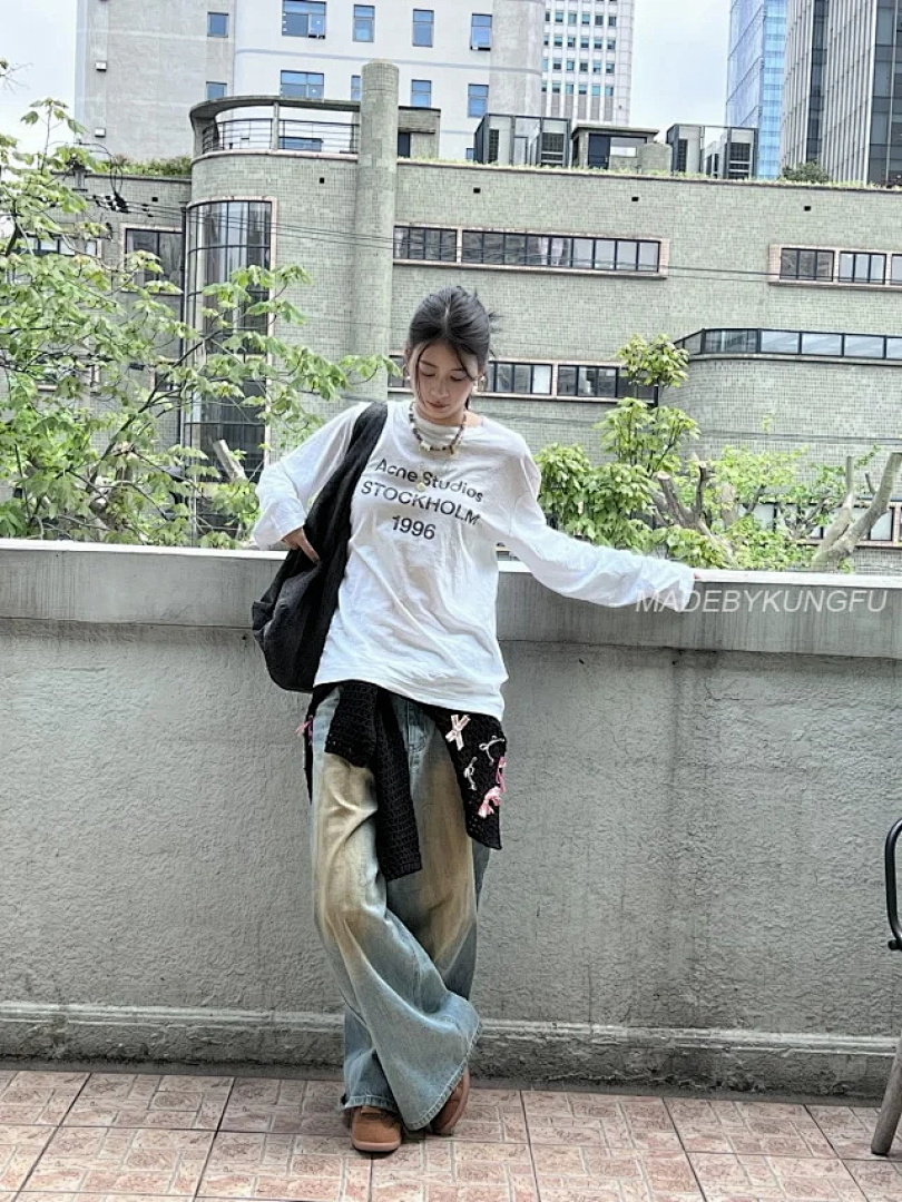 【A+ Item ID 9010 Acne Letter Print Round Neck Off Shoulder Long Sleeved Shirt - Image 8