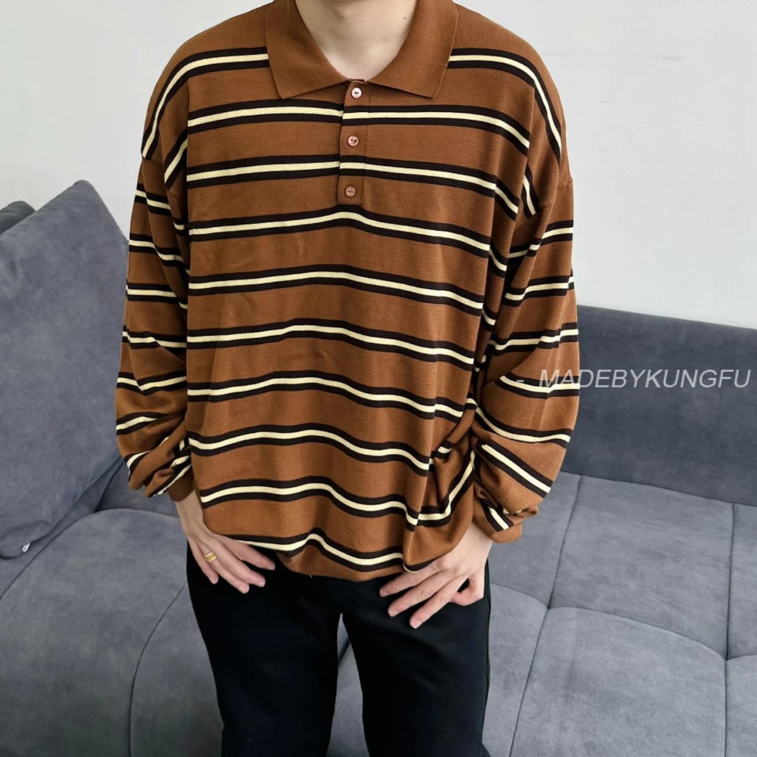 【A+ Item ID 8182 L0EWE-Luoyiwei-2024-Ss-Striped Knitted Pure Cotton Polo Shirt (Brown) - Image 34