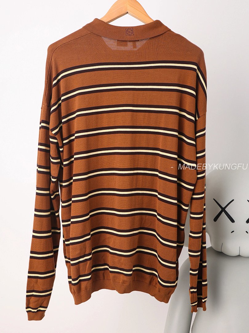 【A+ Item ID 8182 L0EWE-Luoyiwei-2024-Ss-Striped Knitted Pure Cotton Polo Shirt (Brown) - Image 15