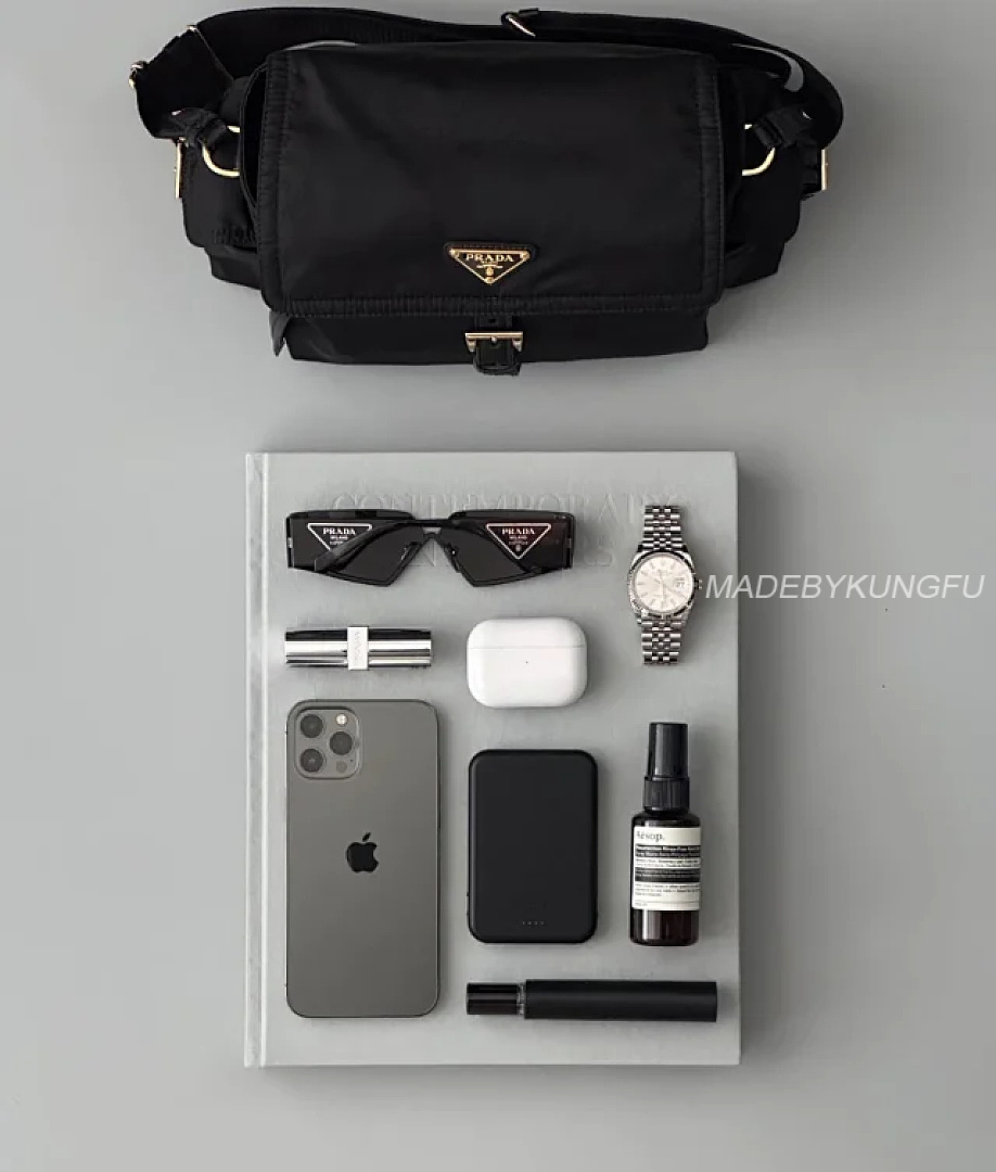 【A+ Item ID 9069 PRA Enamel Metal Triangle Logo Nylon Shoulder Cross Handbag Black Large - Image 21