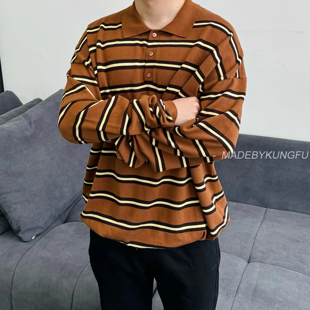【A+ Item ID 8202 L0EWE- Luo Yiwei -2024Ss- Striped Knitted Cotton Polo Shirt (Brown St) - Image 24