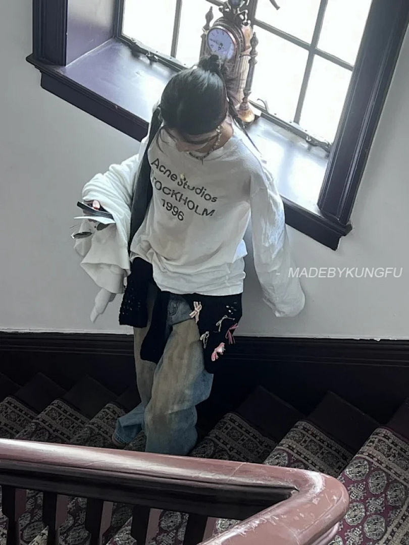 【A+ Item ID 9010 Acne Letter Print Round Neck Off Shoulder Long Sleeved Shirt - Image 9