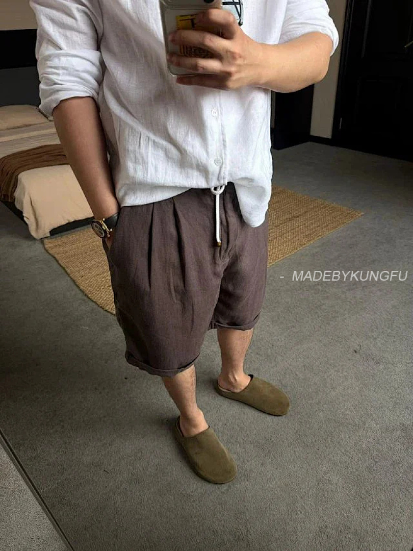 【A+ Item ID 9079 BC Natural Linen Rolled Edge Shorts With Double Pleat Design, Drawstring, Elastic - Image 5