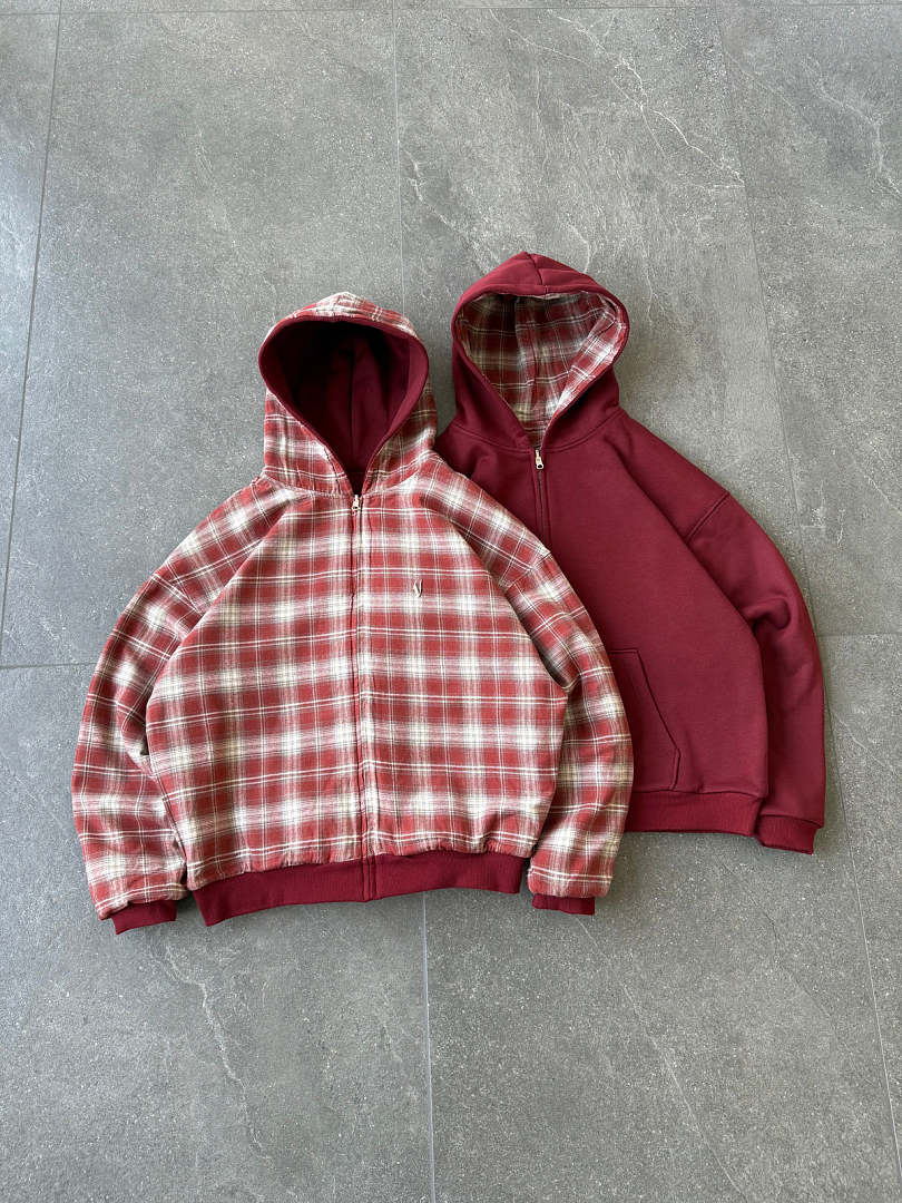 VRROCK VRK Reversible Plaid Zip-Hoodie V2 (Wine/Red)
