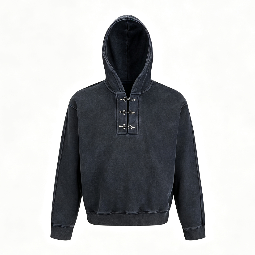 Unbranded 520GSM "Washed Black" Boxy Hoodie (With Lobster Clasp Detail)