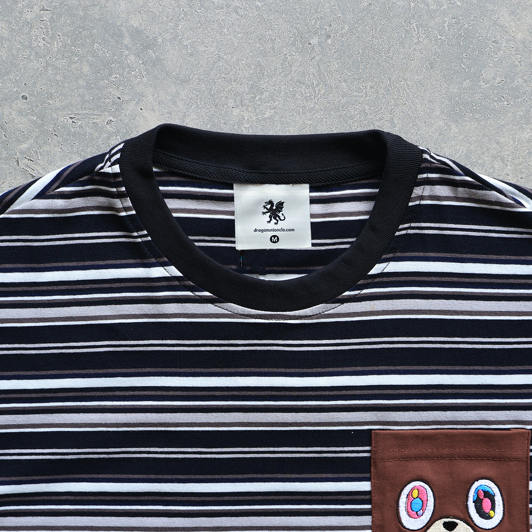 Unbranded Embroidered Bear Pocket Stripe Tee (Black) - Image 5