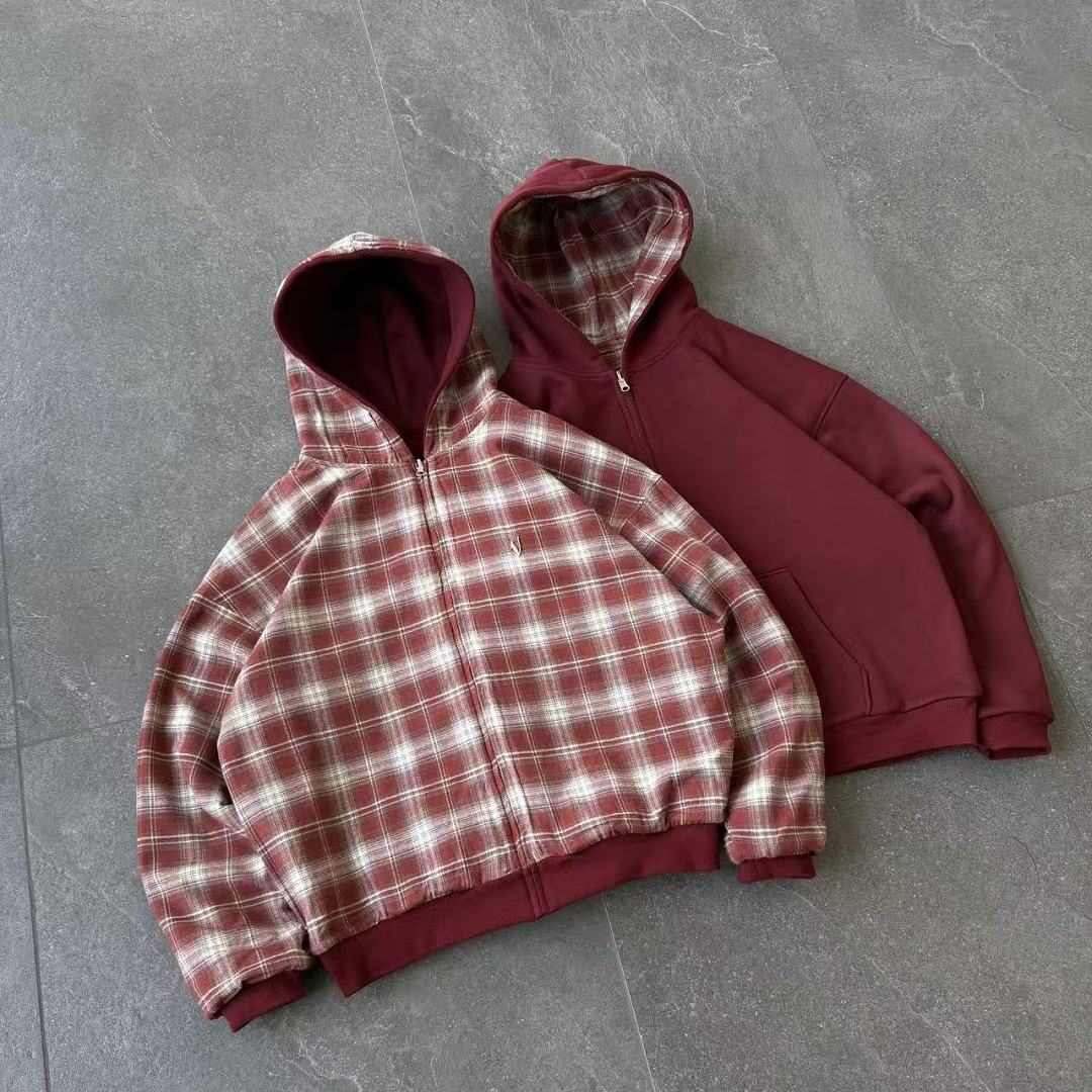 VRROCK VRK Reversible Plaid Zip-Hoodie V2 (Wine/Red) - Image 2