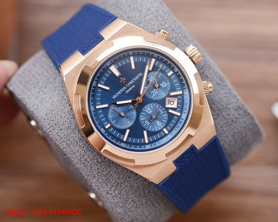 On Running Vacheron Constantin Overseas Chronograph 5500V Rose Gold Blue Dial Leather Band