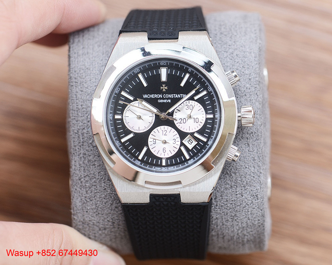 On Running Vacheron Constantin Overseas Chronograph 5500V Stainless Steel White Dial Leather Band - Image 7