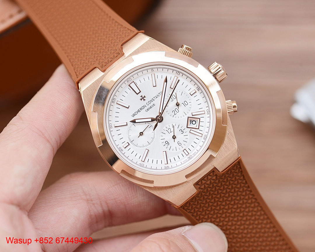 On Running Vacheron Constantin Overseas Chronograph 5500V Stainless Steel White Dial Leather Band - Image 8