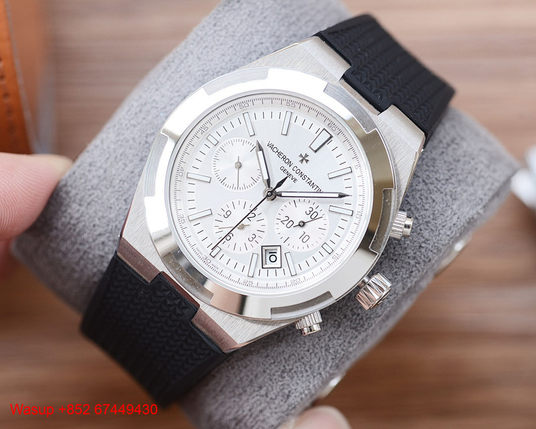 On Running Vacheron Constantin Overseas Chronograph 5500V Stainless Steel White Dial Leather Band - Image 6