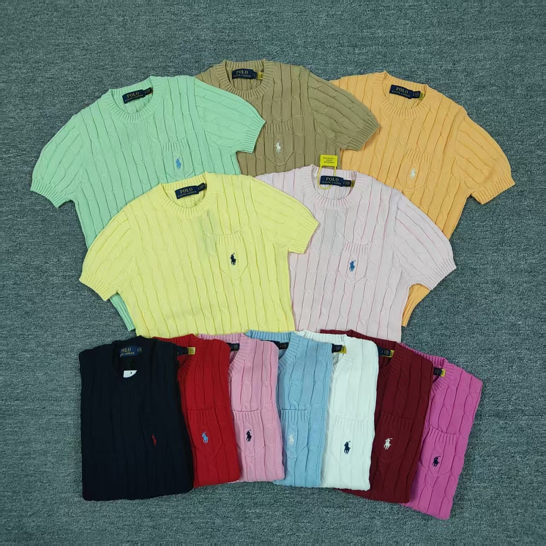 Other €17.9 #Pure Cotton Knitted Round Neck Short-Sleeved Pocket Sweater, Twelve Color Collar Short Sleeve C