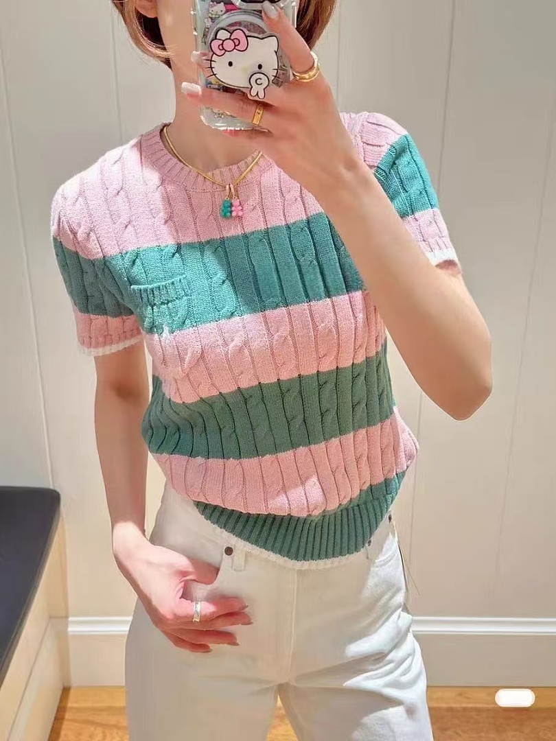 Other €23.4 ##Striped Cable-Knit Short-Sleeve Sweater Striped Collar Linen Floral P - Image 4