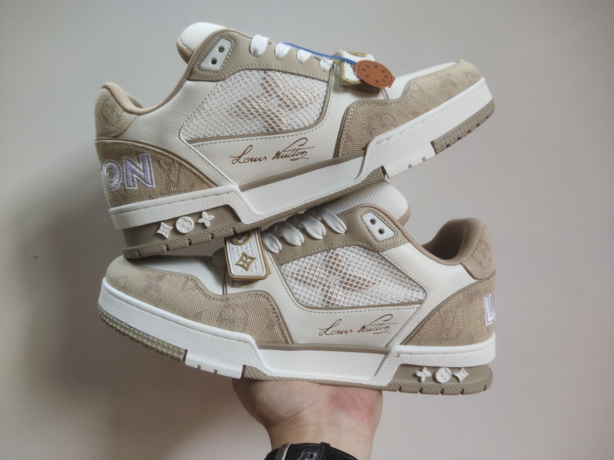 Louis Vuitton LV Trainer Beige White Apricot Velcro Strap - Image 10