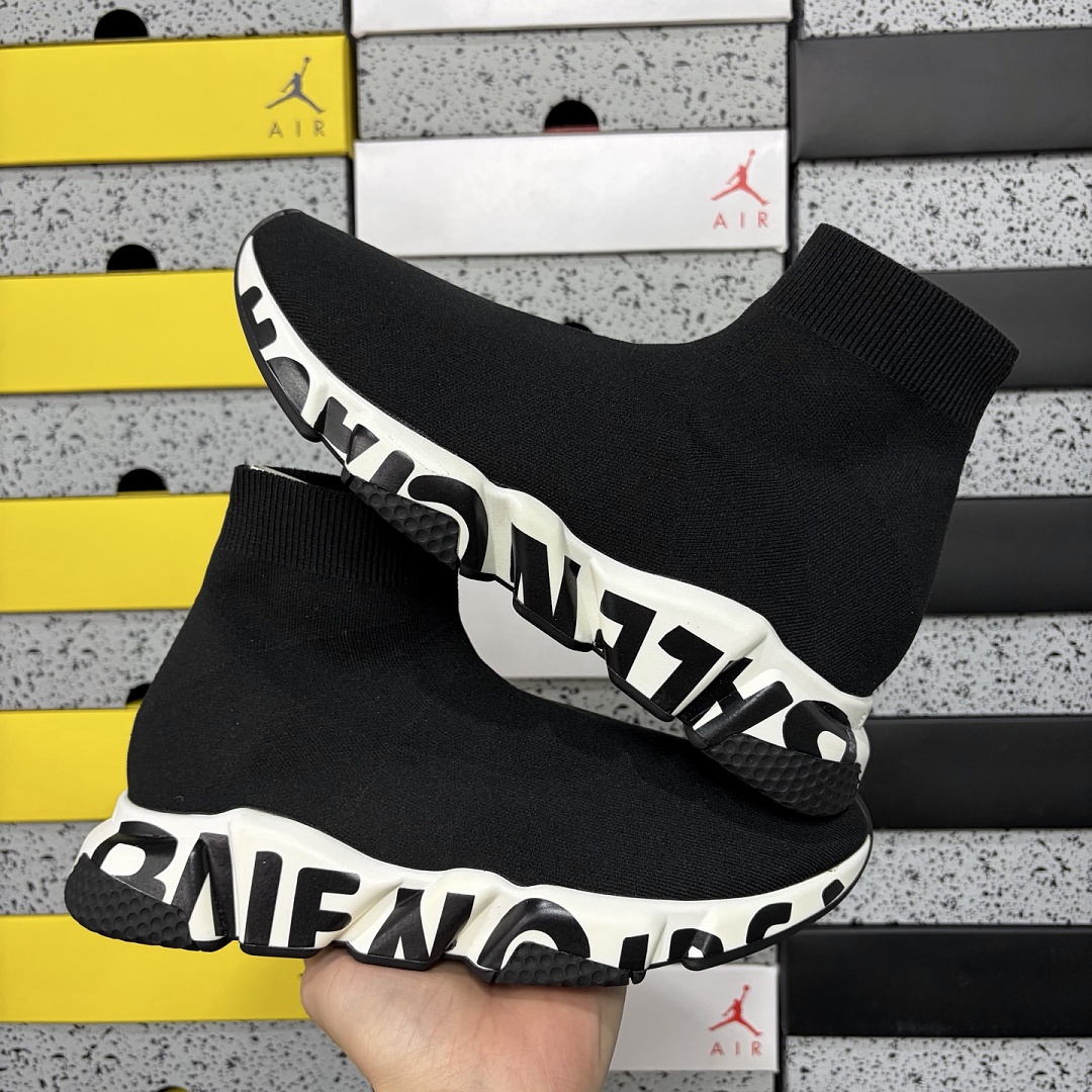 Balenciaga Speed Graffiti Trainers White Black Logo Socks - Image 10