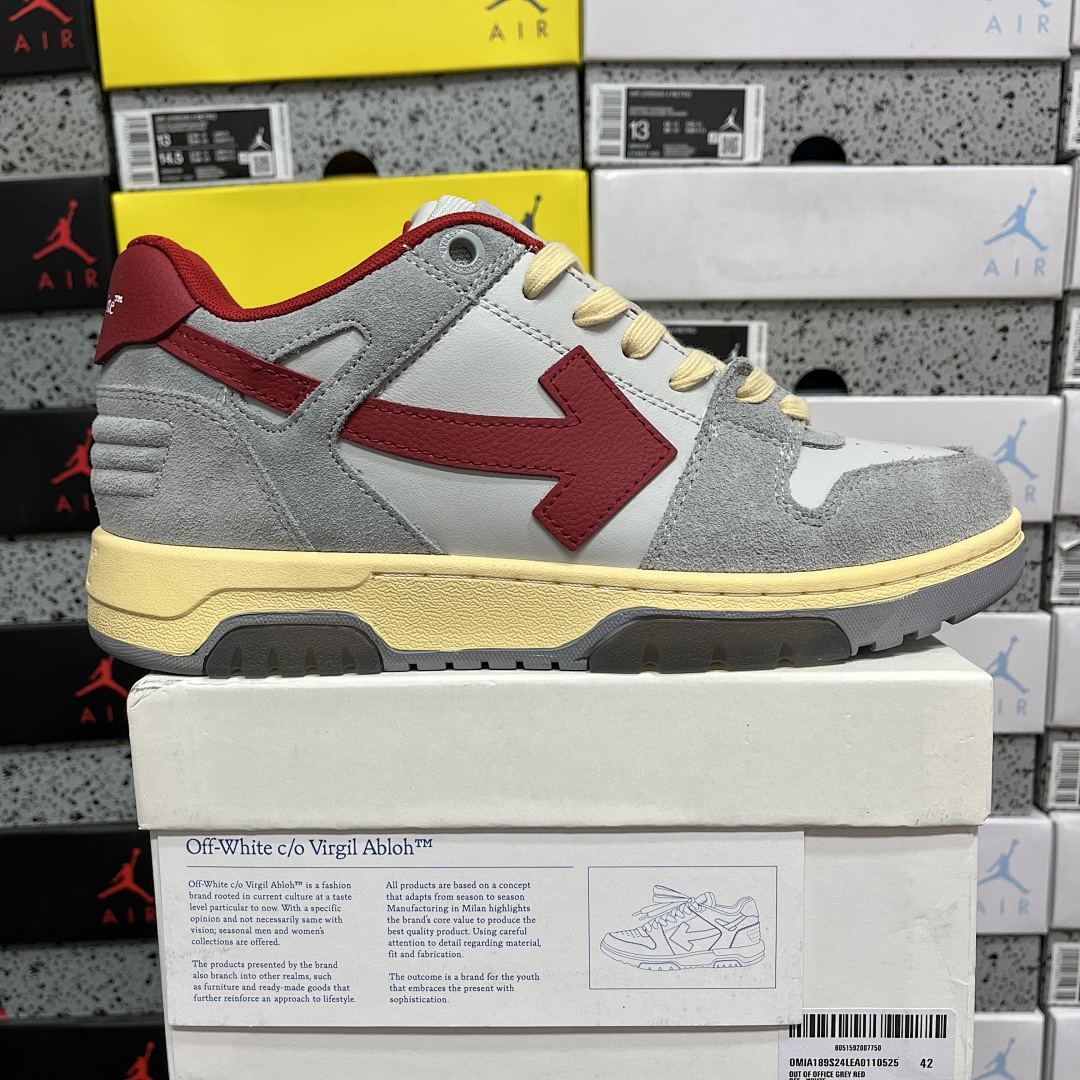 Off-White Out Of Office OOO Low Tops (Light Grey Red) - Image 4