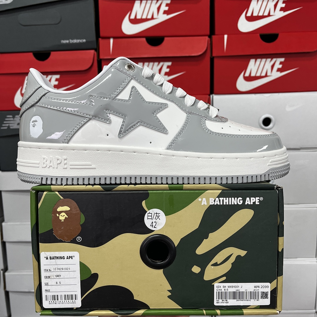 Bape A Bathing Ape Bape Sta Patent Leather (White Grey) - Image 9