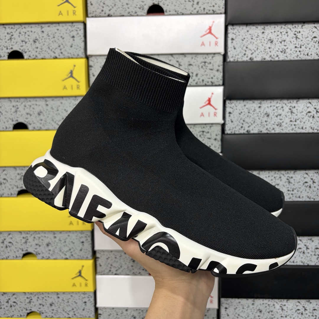 Balenciaga Speed Graffiti Trainers White Black Logo Socks - Image 11