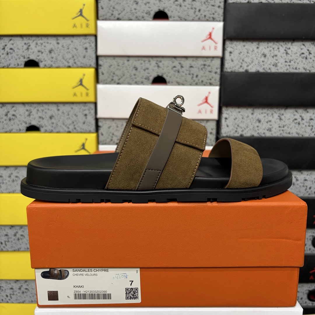 Hermes Chypre Sandal Khaki Suede Buckle