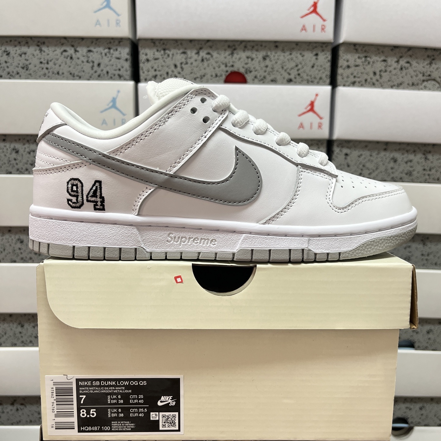 Nike SB Dunk Low Supreme 94 White Metallic Silver Collab (Grey) - Image 10