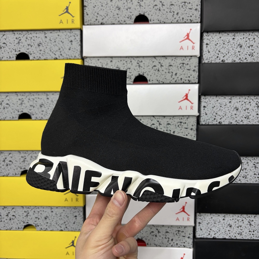 Balenciaga Speed Graffiti Trainers White Black Logo Socks - Image 4