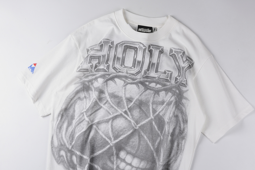 Hellstar 138 HELLSTAR STUDIOS Top Wind Print Solid Cotton Short Sleeve White S-XL - Image 5